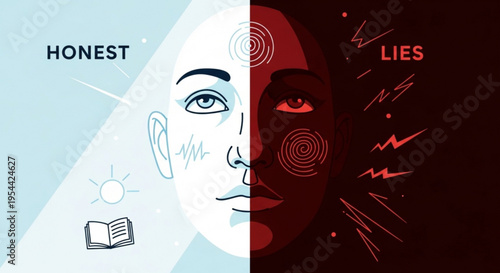 Split face illustration of honest and lies concepts with contrasting light and dark halves