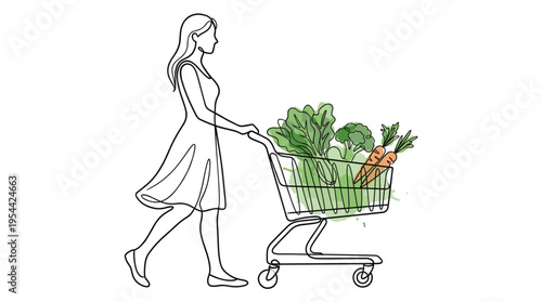 Minimal line art of a woman pushing a shopping cart filled with fresh vegetables in a clean style. Organic shopping, healthy food choices and sustainable lifestyle concept vector illustration.