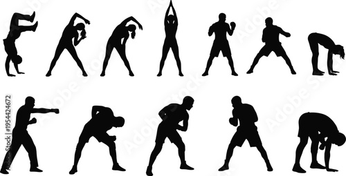 Fitness workout silhouettes set stretching boxing exercise training poses cardio strength activity vector illustration collection isolated black human figures