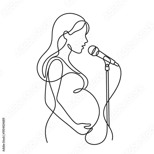 Minimal line art of a pregnant woman singing into a microphone as a positive hobby during pregnancy. Creative activities, emotional wellbeing and healthy maternal lifestyle concept vector illustration