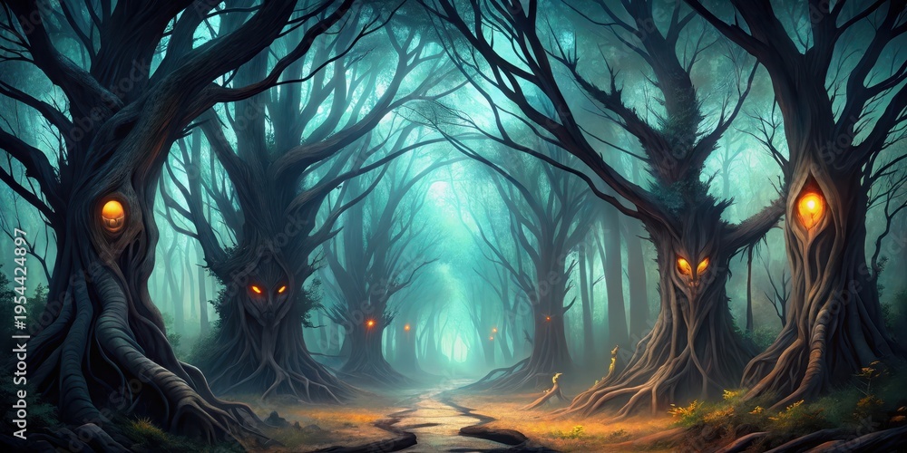 Obraz premium Dark forest with twisted trees and glowing eyes