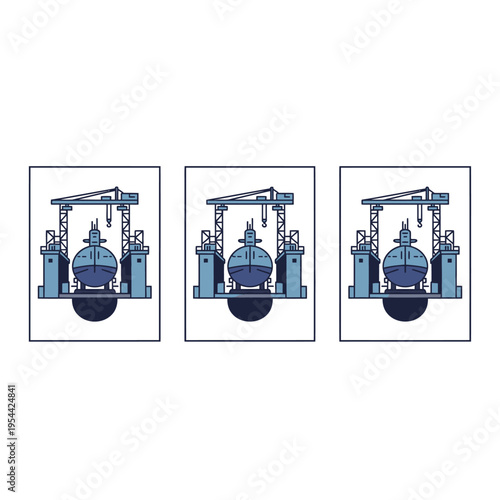 Three abstract industrial scenes depicting a ship being lifted by a large crane against a white background, evoking themes of industry and progress