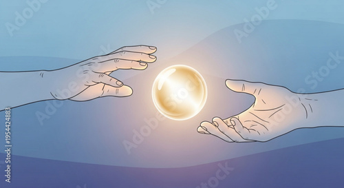 Two hands reaching for glowing orb symbolizing connection and energy transfer in a dreamy landscape