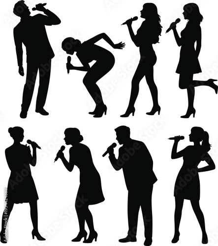 Collection of singer silhouettes performing with microphones in dynamic poses, showcasing music performance, vocals, and stage presence, isolated on white background for design use