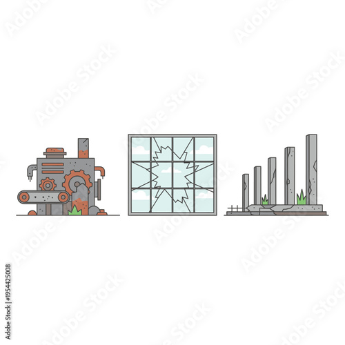 Industrial decay and destruction illustrated by a factory machine, a broken window, and weathered pillars