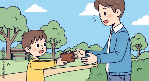 A smiling man and a happy child exchanging a potted plant in a sunny park with trees and a bench