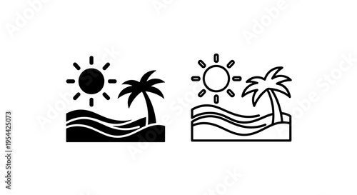 Sunny tropical beach scene icon with palm tree and ocean waves