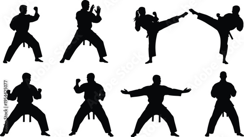 Karate martial arts silhouettes fighters punching kicking blocking stances training poses combat sport vector illustration collection isolated black human figures