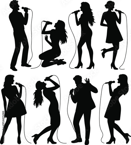 Collection of singing performer silhouettes with microphones in expressive poses, showcasing live music, vocals, and stage energy, isolated on white background for design use