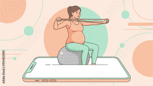 Pregnant woman exercising with resistance band while sitting on a fitness ball on a smartphone screen. Online prenatal fitness, digital workouts and healthy lifestyle concept vector illustration.