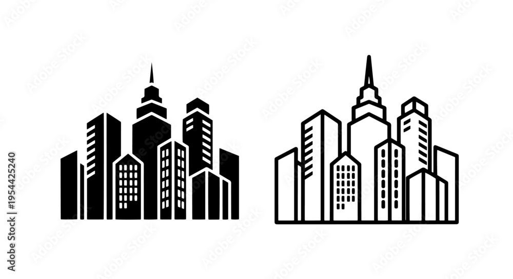 Fototapeta premium Modern cityscape icon with tall buildings and skyscrapers: urban vector graphic