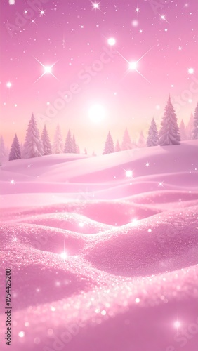 A serene winter landscape with pink snow and trees