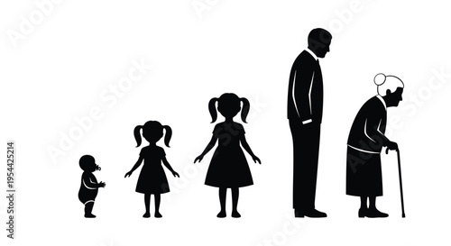 Black silhouette icons of human life cycle stages from infant baby and young girl to adult man and elderly senior woman with walking stick
