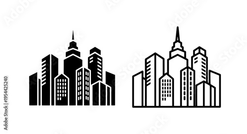 Modern cityscape icon with tall buildings and skyscrapers: urban vector graphic