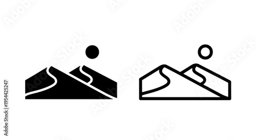 Simple desert dunes icon with moon: arid sand landscape vector graphic
