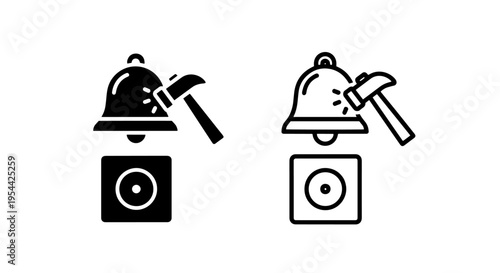 Notification alert sound icon with hammer stroke - outline and solid vector