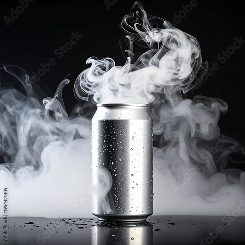 A silver can emitting smoke on a dark reflective surface