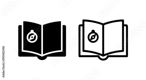 Open book with compass icon, navigation and discovery, travel guide symbol
