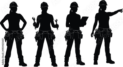 Female construction worker silhouettes set with tools and helmet isolated on white background, industrial labor concept, engineering, safety gear, professional workforce illustration