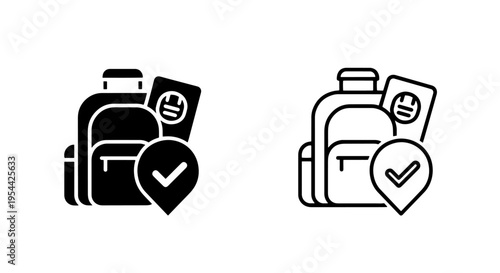 Travel confirmed backpack passport destination checkmark pin icon vector