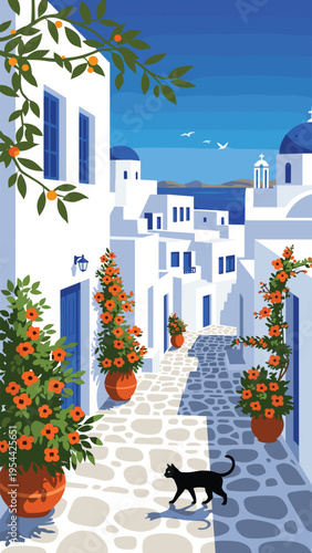 A picturesque illustration of a white washed greek village with a black cat walking along the path