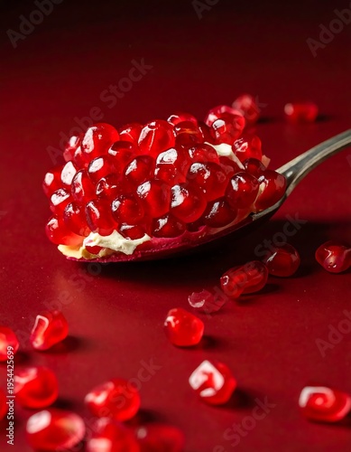 A spoon holds pomegranate seeds against a dark red background