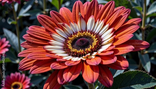 Vibrant Red and White Daisy with Prominent Central Disc Surrounded by Lush Deep Green Foliage in Full Bloom on a Sunny Day