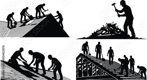 Roofing workers silhouettes set repairing house roof isolated on white background, construction labor concept, building maintenance, teamwork, hammer tools, industrial illustration design