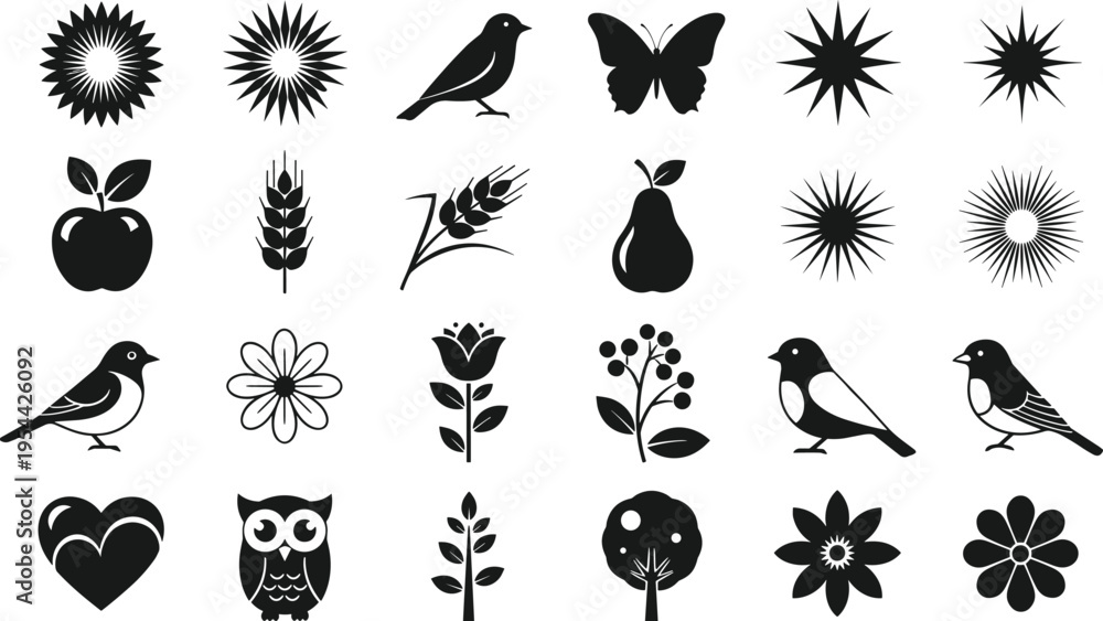 Obraz premium Black silhouette vector icon set featuring various nature elements including birds butterflies owls flowers fruit trees and stars for organic environmental branding design