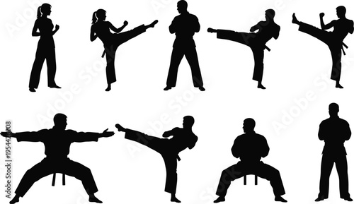 Martial arts silhouettes set karate fighters kicking punching poses taekwondo training combat sport vector illustration collection isolated black human figures