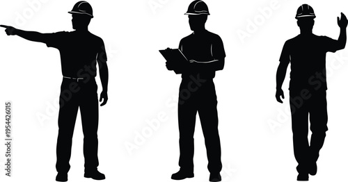 Construction worker silhouettes set with helmet isolated on white background, industrial labor concept, engineer inspection, safety gear, building site, professional workers illustration