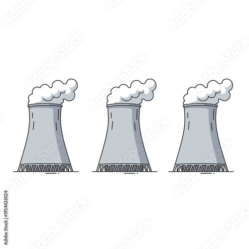 Three industrial cooling towers releasing steam against a white background, symbolizing energy production and environmental impact