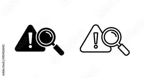 Warning search icon. alert magnifying glass symbol for error investigation