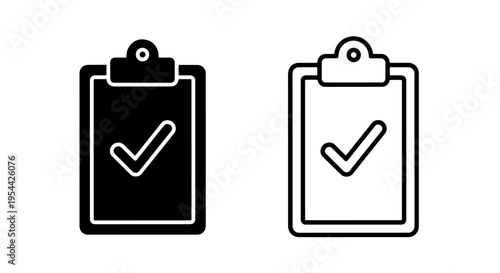 Clipboard checkmark icon: solid black and outline for task completion