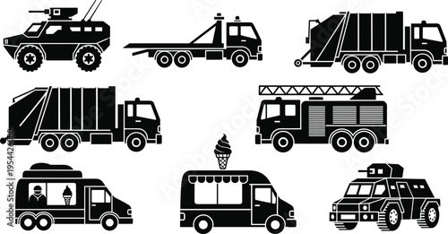 Special Purpose Vehicle Silhouette Set with Armored Truck Garbage Truck Fire Engine Food Van and Service Transport Collection Isolated on White Background