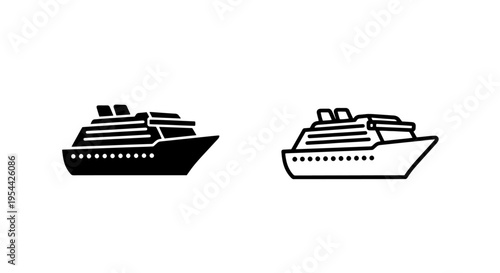 Cruise ship icon set: solid black and outline style for travel graphics