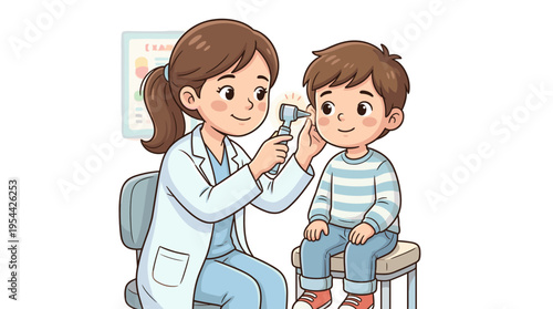 Pediatrician using otoscope to check ears