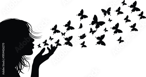 Black silhouette vector illustration featuring a beautiful girl profile blowing a swarm of flying butterflies for fantasy nature beauty and feminine branding design projects