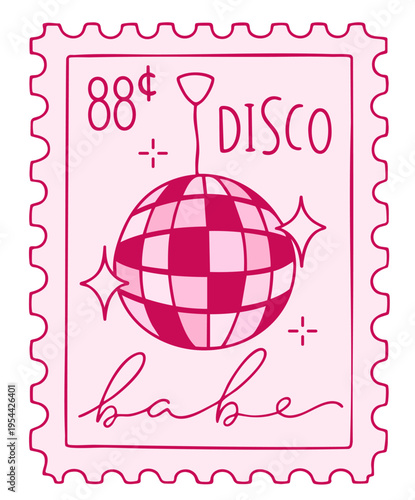 Pink Retro Postage Stamp with Disco Mirror Ball, 88¢ Disco Graphic in Raspberry Tones with Sparkle Stars