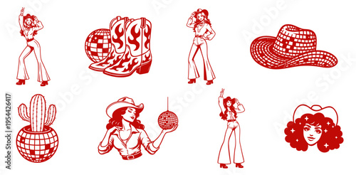 Disco Cowgirl Retro Pin Up Glam Set with Western Boots Hat Cactus Mirror Ball and 70s Rodeo Party Aesthetic