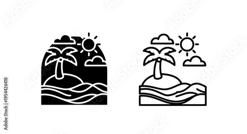 Tropical island beach icon set with palm tree sun and ocean waves