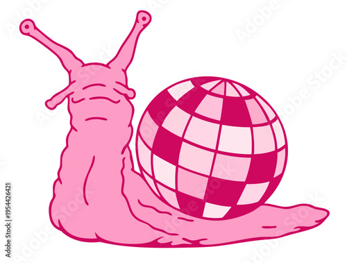 Pink Slug with Disco Mirror Ball Shell, Surreal Pop Art Creature in Raspberry Tones