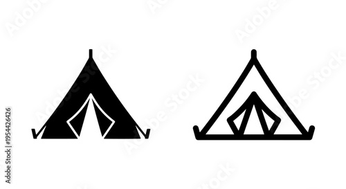 Camping tent icon set in solid and outline style for outdoor travel