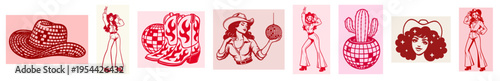 Disco Cowgirl Retro Pin-Up Set, Western Rodeo Woman Dancing with Mirrorball, 70s Country Party Aesthetic with Disco Cowboy Hat, Flame Boots, Cactus Disco Ball and Vintage Glamour Cowgirl Portraits