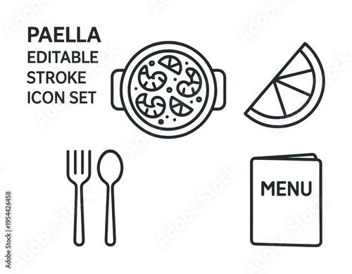Paella icon set with pan, lemon, cutlery, and menu - editable stroke line art collection