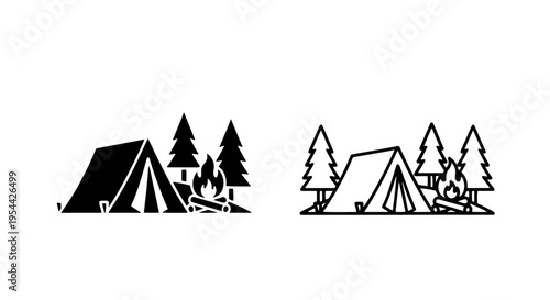 Forest camping scene icon set with tent campfire and pine trees for adventure