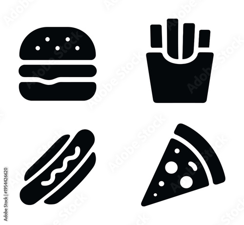 Fast food icons: burger, fries, hot dog, and pizza slice