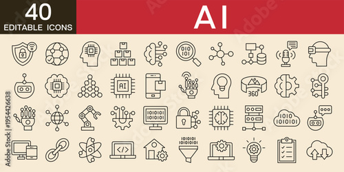 Artificial intelligence thin line icons vector illustration with icons of chipset, brain, intelligence, virtual, code, machine, robot, devices and more 