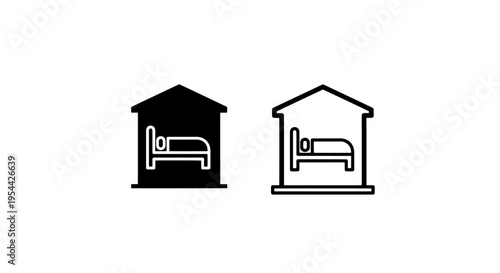 Bed in house hotel icon set for travel and accommodation services