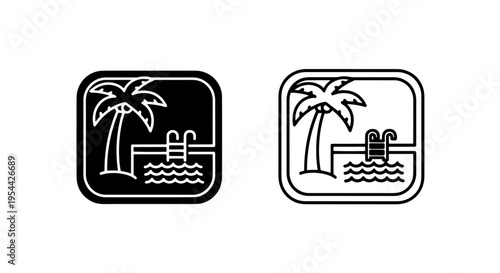 Resort swimming pool icon with palm tree for vacation and travel